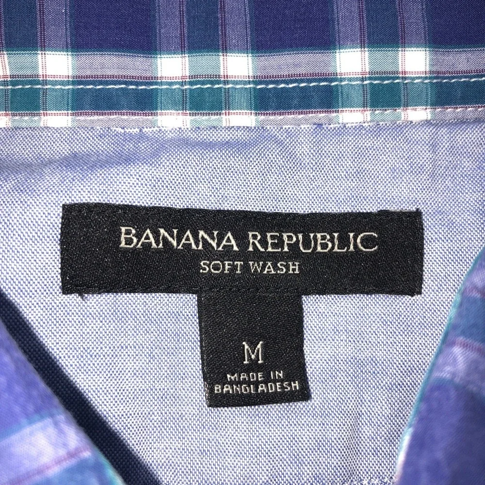 Banana Republic Soft Wash Mens Blue Teal Plaid Button Down Shirt Size‎ M